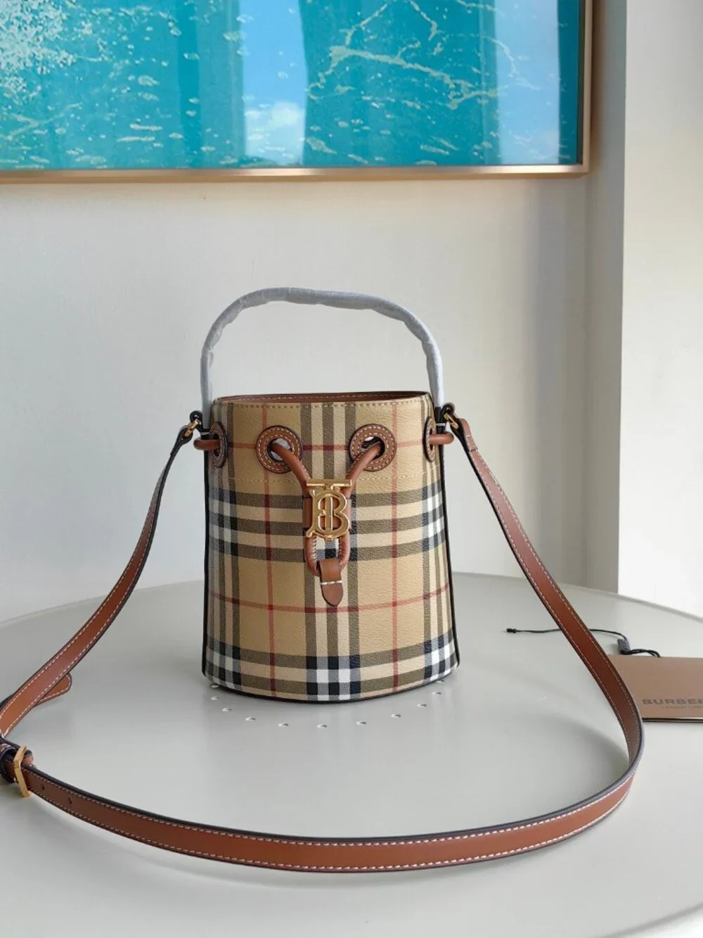 Burberry Style Vintage Check TB Mini Drawstring Bucket Crossbody Handbag